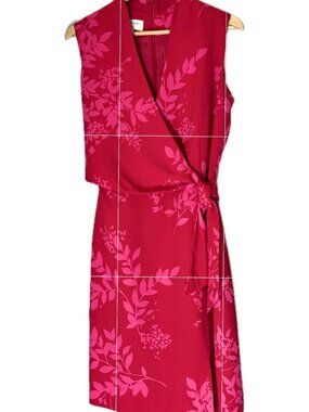 Vintage Y2K Floral Wrap Dress Red Pink Botanical Knee Length Size 10